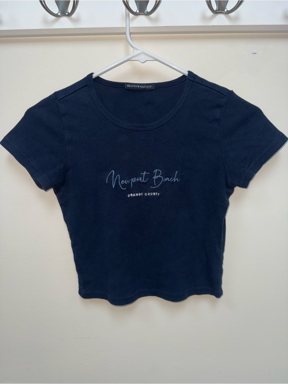 Brandy Melville Navy Newport Beach Script Crop Tee